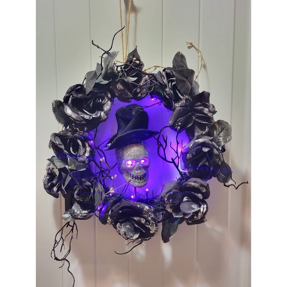 Halloween Purple LED Black Grapevine Wreath Silver Skull Flowers Branches 16"